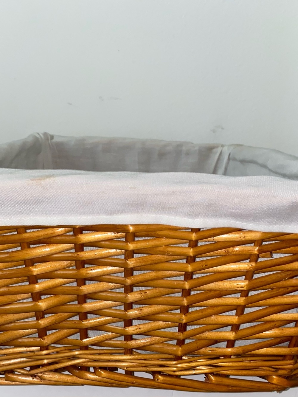 Woven Wicker Storage Basket with Cream Liner. Rectangular 15 L 12 W 8 D.